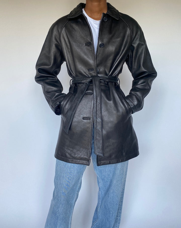 VINTAGE BLACK TRENCH LEATHER JACKET 3631