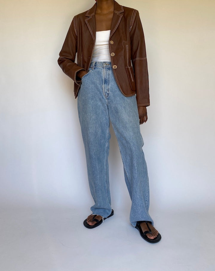 VINTAGE BROWN LEATHER JACKET WITH WHITE DETAILED STITCHING 3699