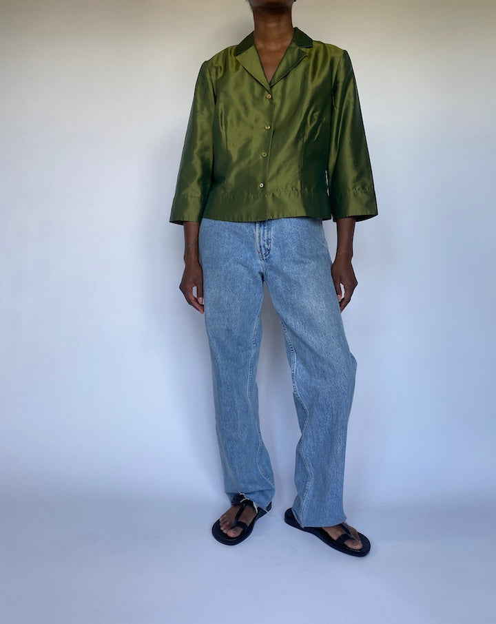 VINTAGE GREEN SILK BLOUSE 3540