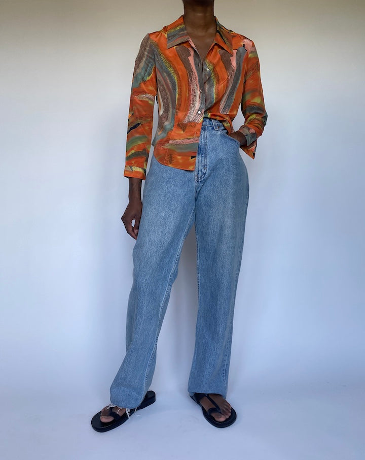 VINTAGE ORANGE PRINTED BUTTON DOWN BLOUSE 3544