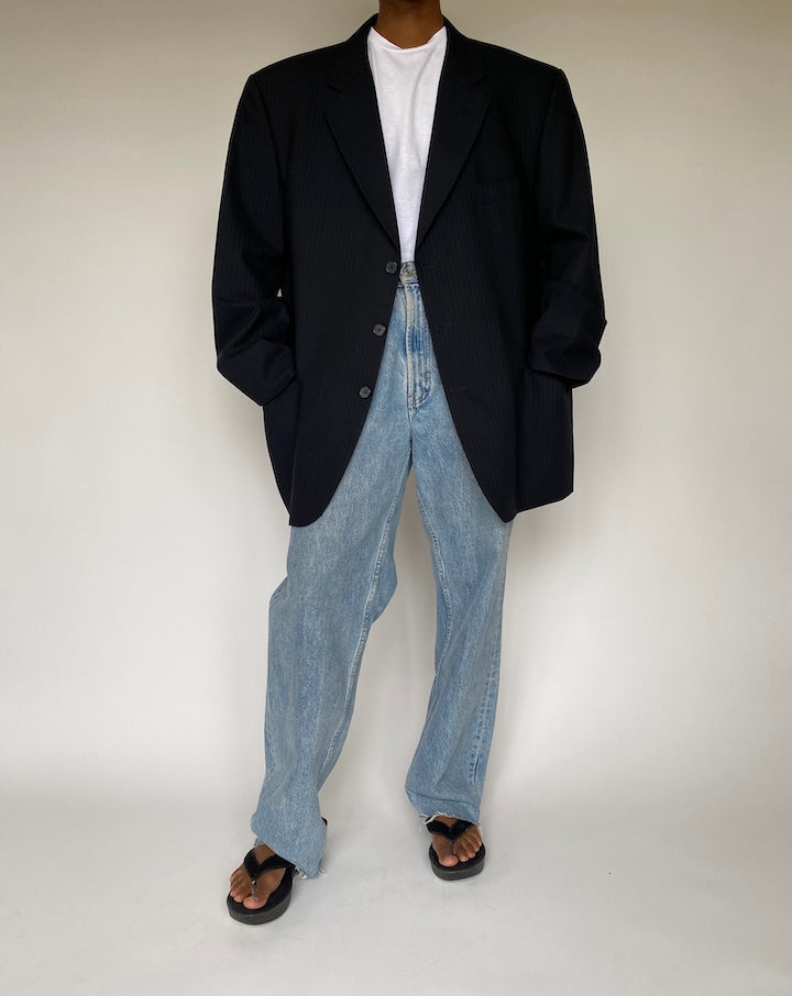 VINTAGE OVERSIZED BLACK PINSTRIPED SINGLE-BREASTED BLAZER 3855