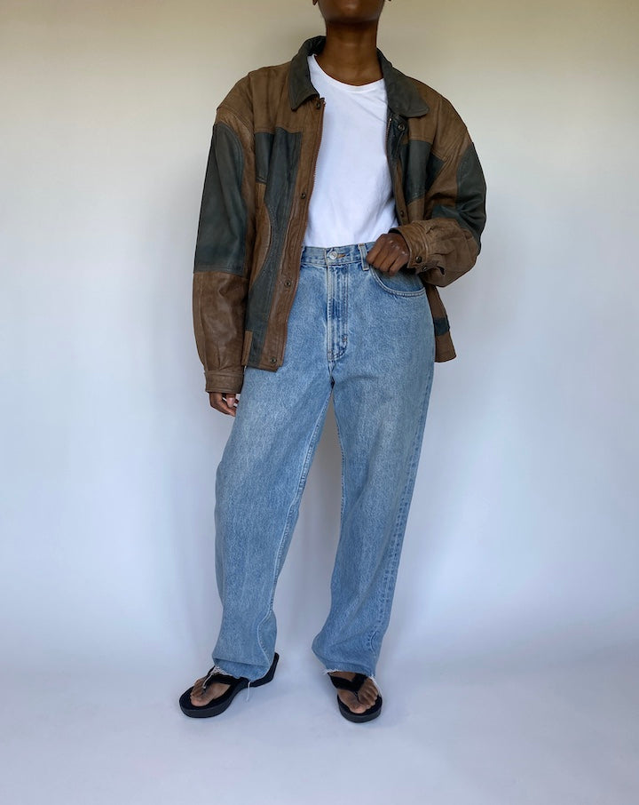 VINTAGE OVERSIZED BROWN AND GREEN LEATHER JACKET 3589