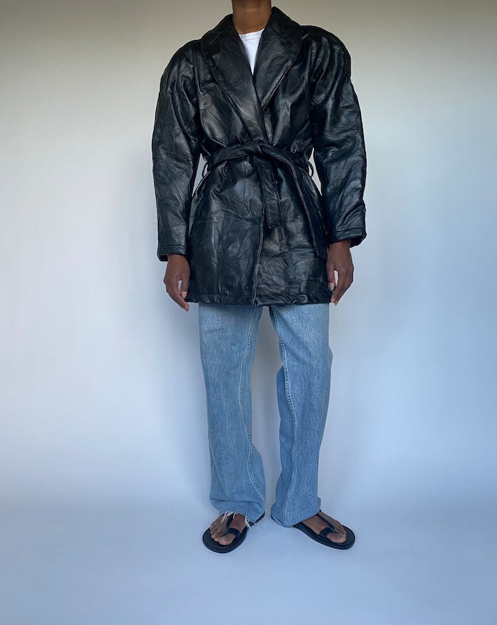 VINTAGE TEXTURED BLACK LEATHER TRENCH COAT JACKET 3498
