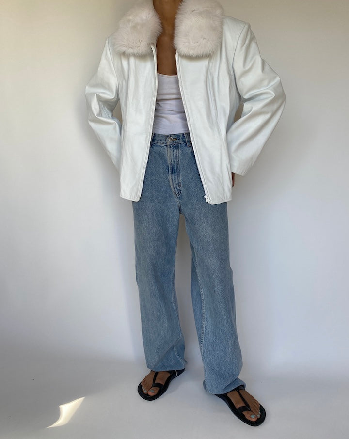 VINTAGE WHITE LEATHER JACKET WITH FUR COLLAR 3225