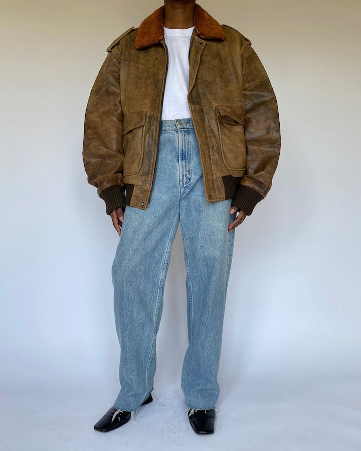 VINTAGE BROWN OVERSIZED BOMBER LIKE LEATHER JACKET 4998