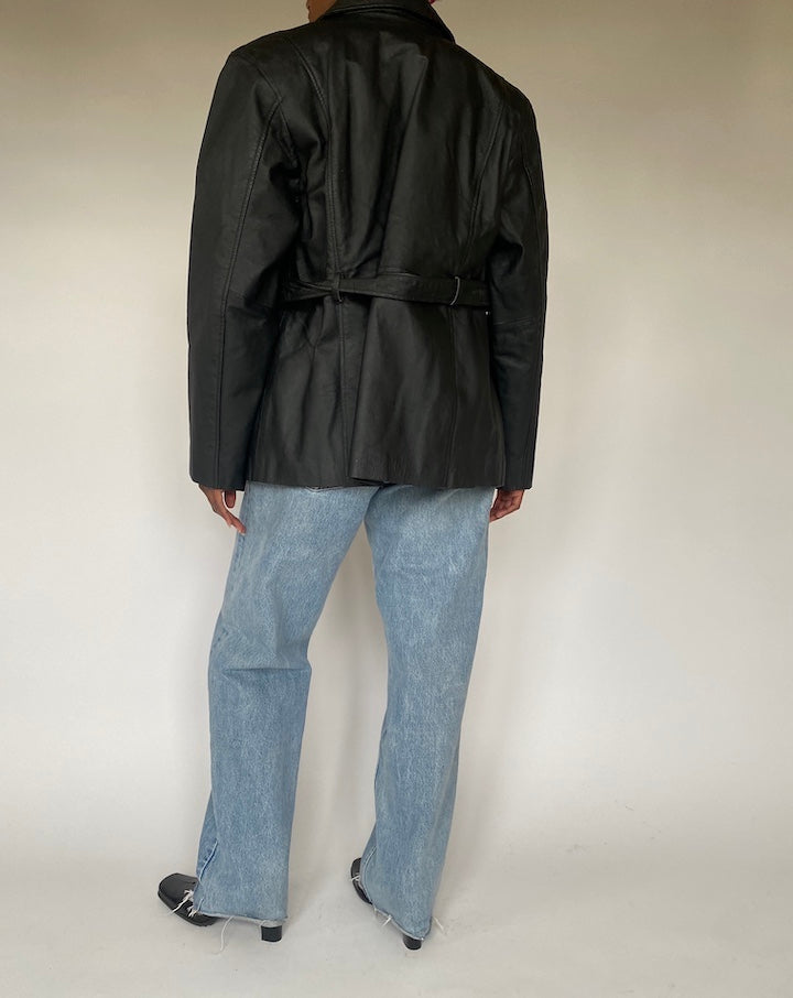 VINTAGE BLACK SHORT LEATHER JACKET TRENCH 4382