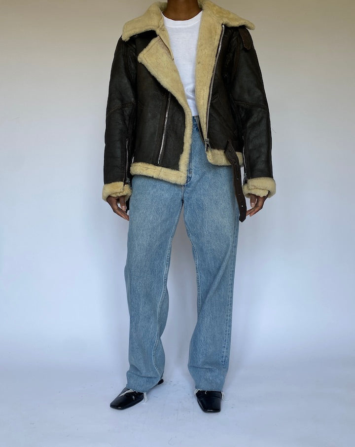 Vintage Black Shearling Leather Jacket 4965