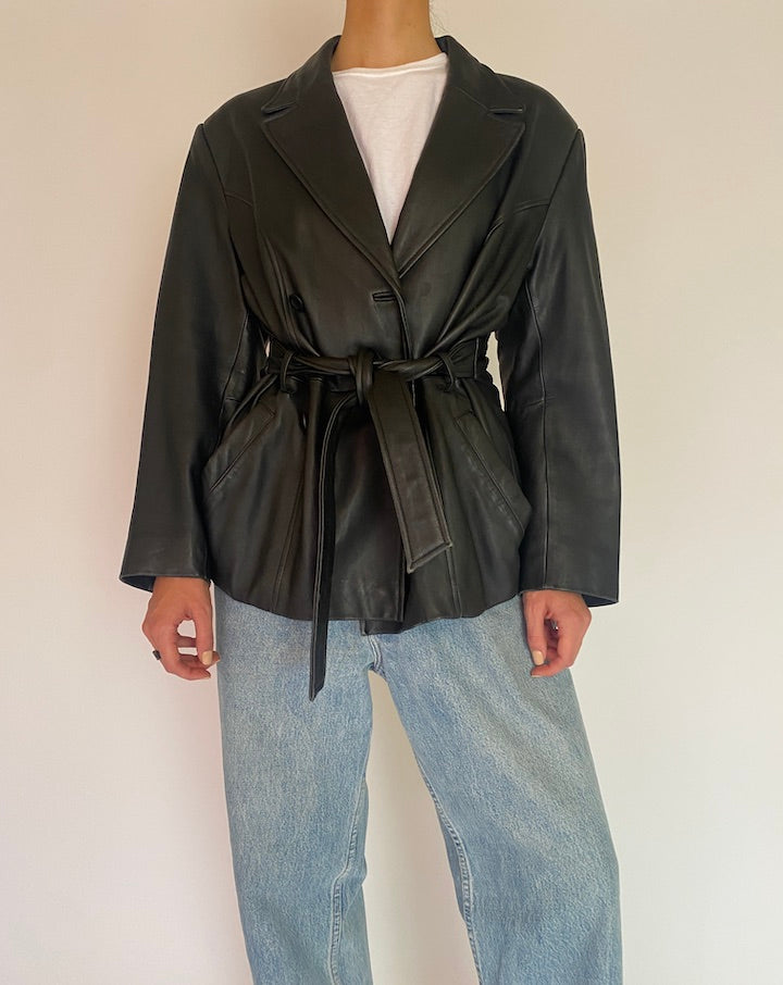 VINTAGE BLACK TRENCH LEATHER JACKET 4852