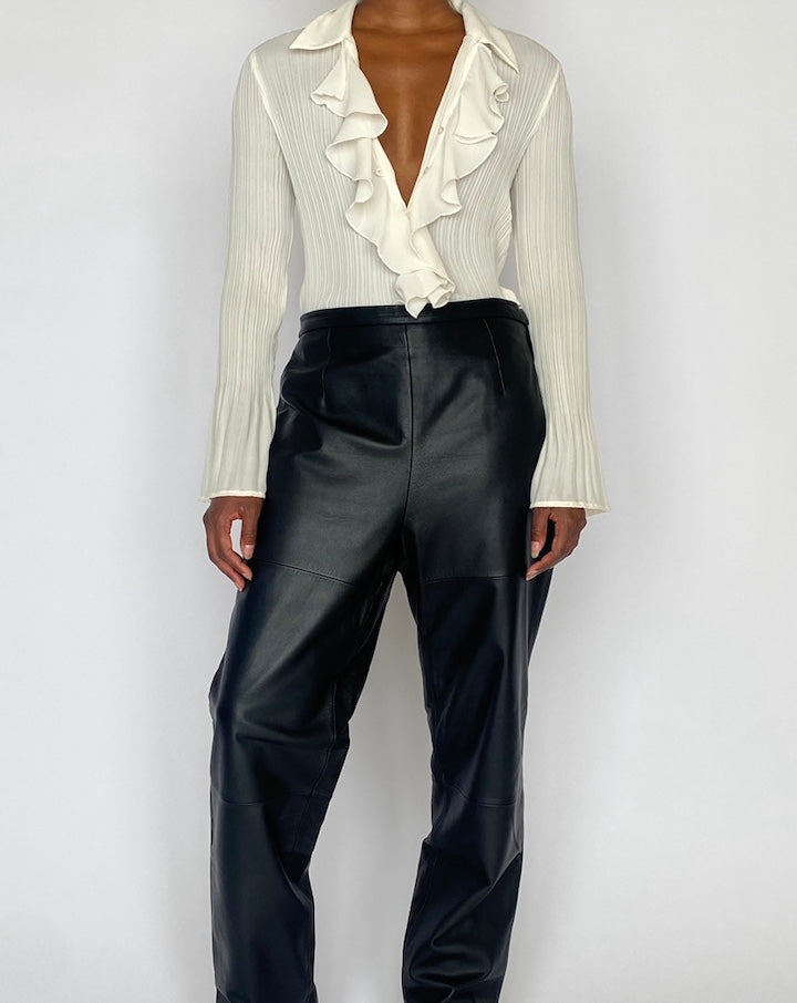 VINTAGE CREAM PLEATED RUFFLED DETAILED BLOUSE 5073
