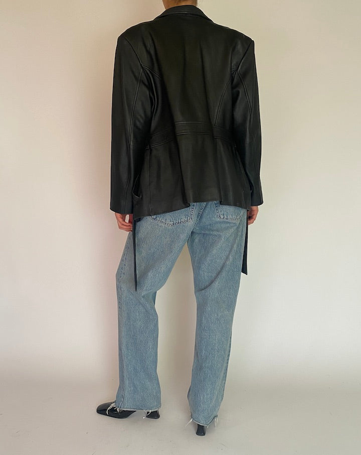 VINTAGE BLACK TRENCH LEATHER JACKET 4852