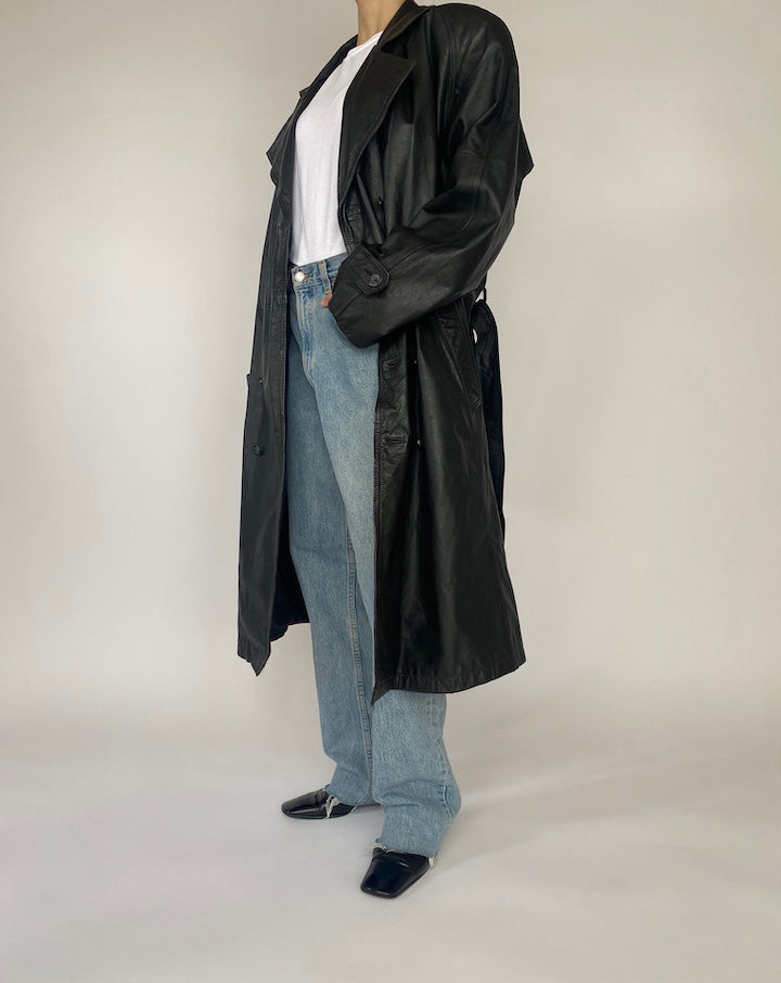 VINTAGE LONG BLACK LEATHER JACKET 4683