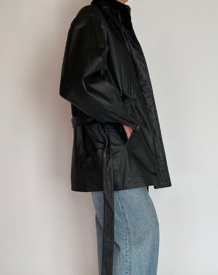 Vintage Oversized Black Trench Leather Jacket 5214