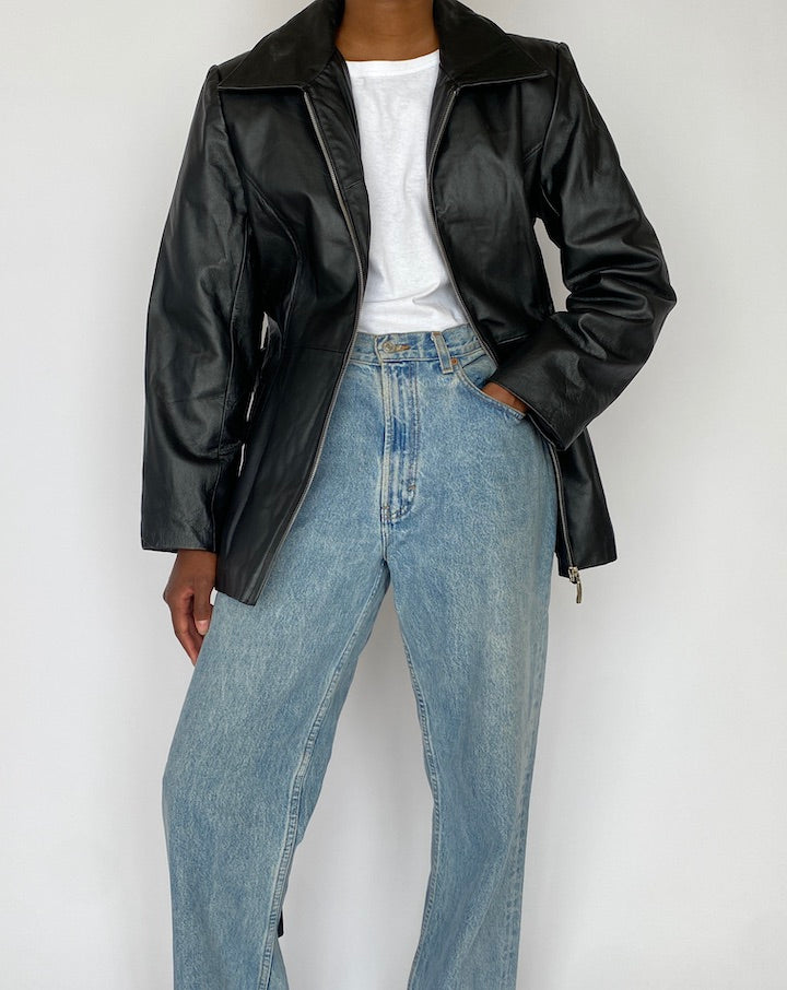 Vintage Black Short Leather Trench Jacket 4700