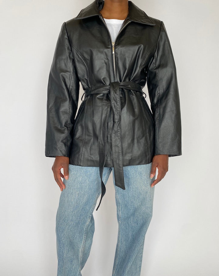 Vintage Black Short Leather Trench Jacket 4700
