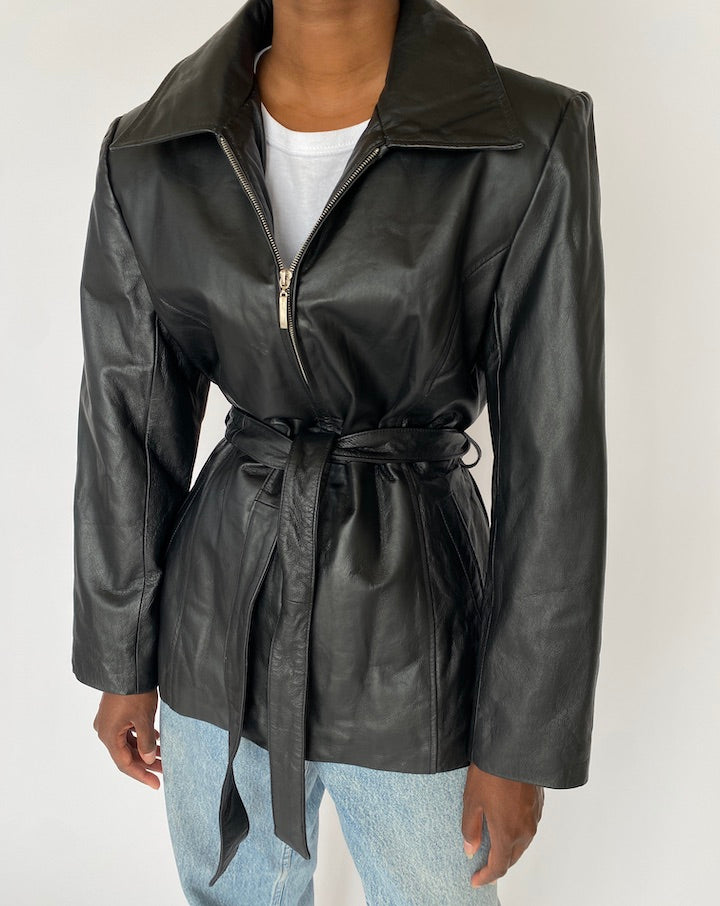 Vintage Black Short Leather Trench Jacket 4700