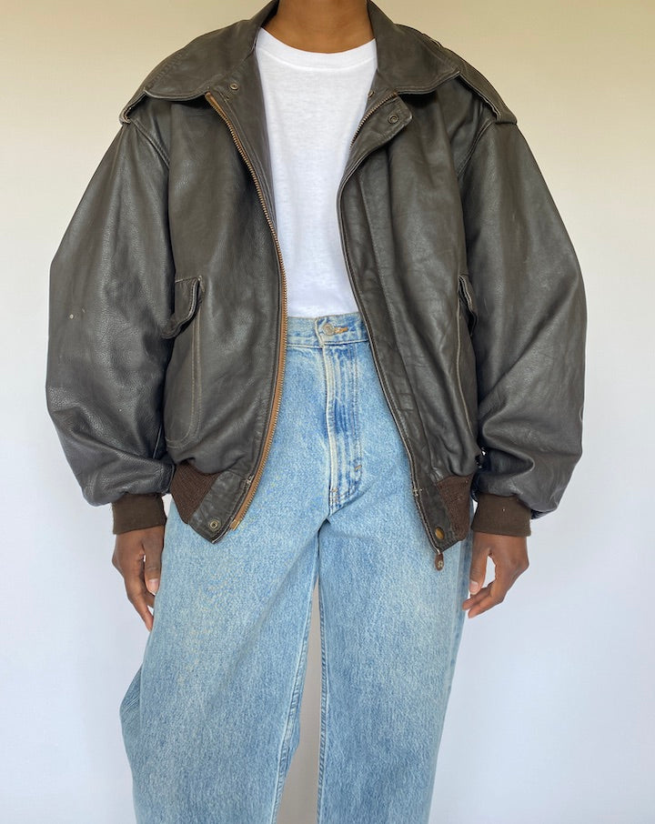VINTAGE DARK BROWN BOMBER LEATHER JACKET 4969