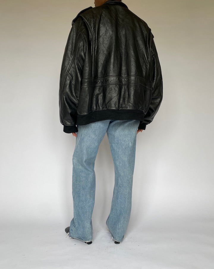VINTAGE OVERSIZED BLACK BOMBER LEATHER JACKET 4932