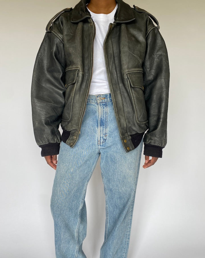 VINTAGE BLACK BOMBER LEATHER JACKET 4945