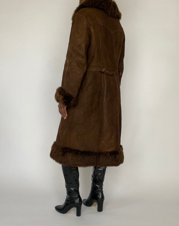 VINTAGE LONG BROWN LEATHER COAT 4988