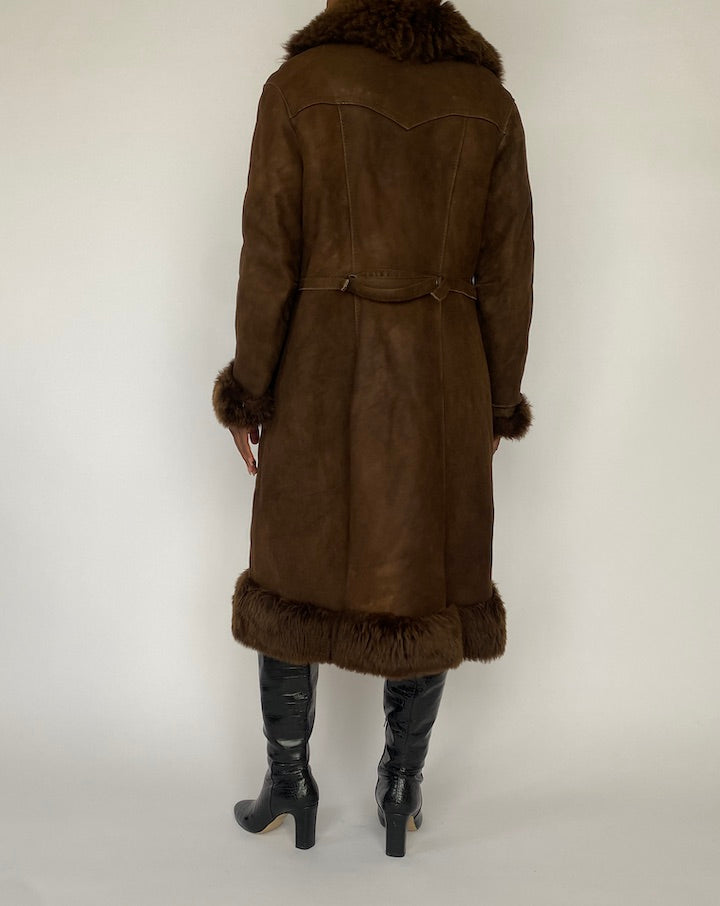 VINTAGE LONG BROWN LEATHER COAT 4988