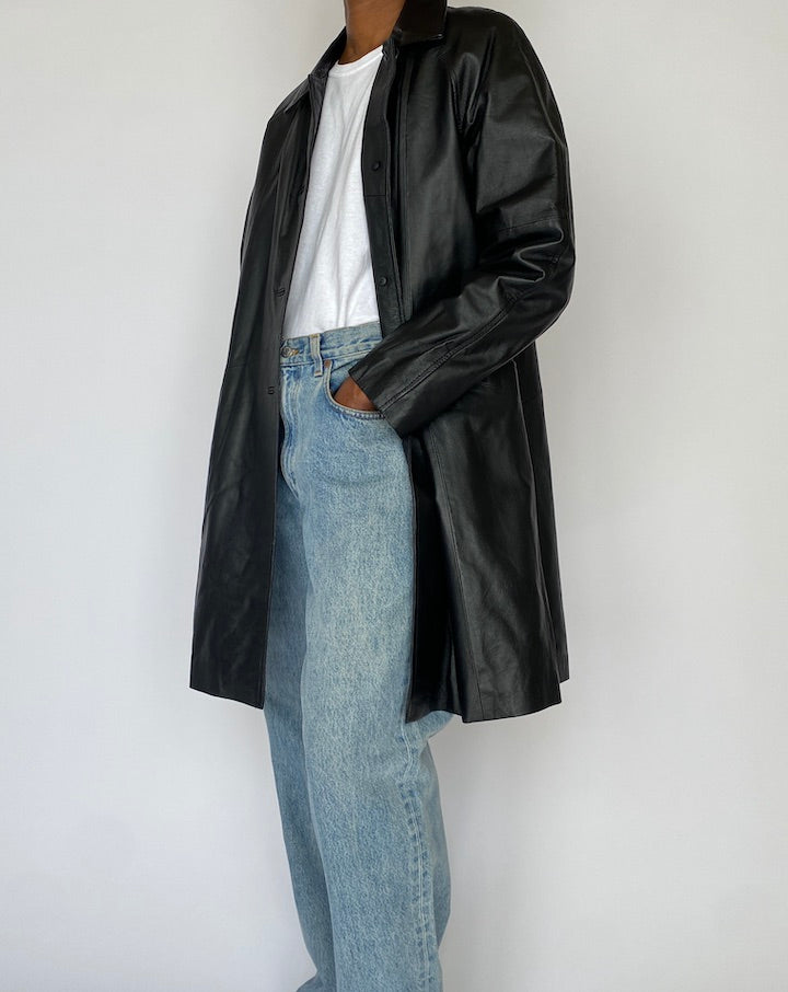 VINTAGE BLACK LONG LEATHER JACKET 4816