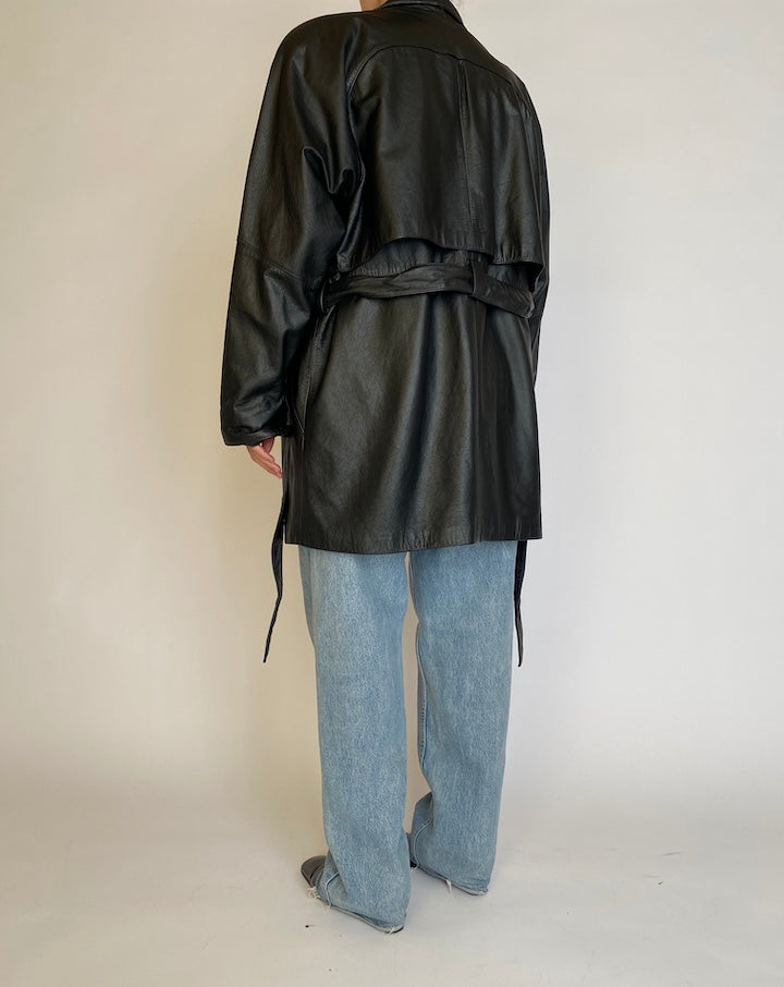 VINTAGE BLACK TRENCH LEATHER JACKET 4574
