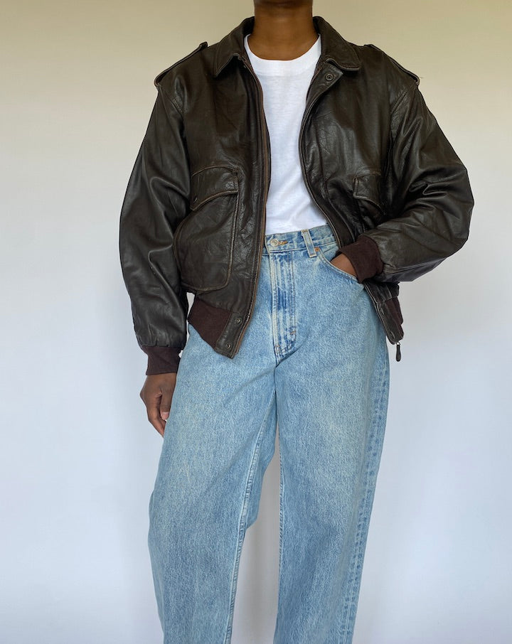 Vintage Brown Bomber Like Leather Jacket 4935