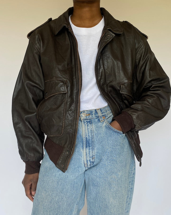 Vintage Brown Bomber Like Leather Jacket 4935