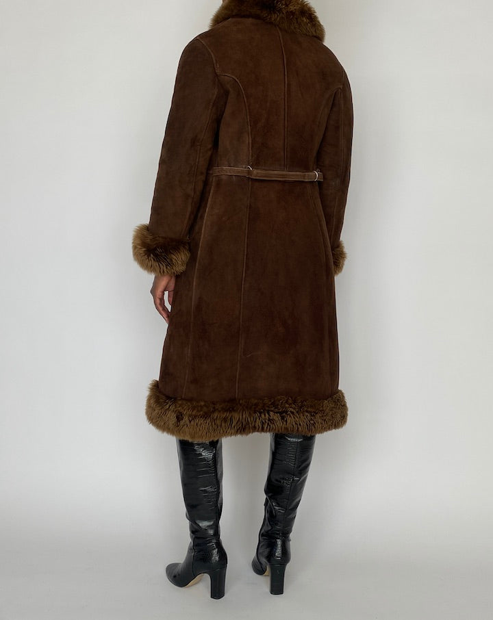 VINTAGE LONG BROWN SHEARLING LEATHER JACKET 4987