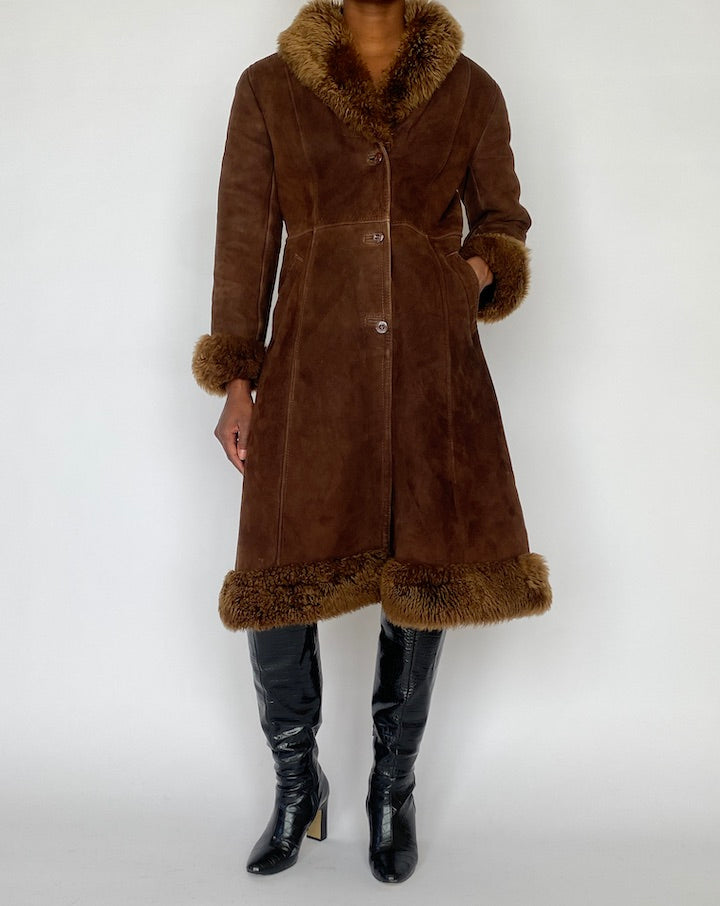 VINTAGE LONG BROWN SHEARLING LEATHER JACKET 4987