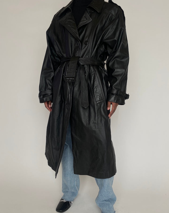 VINTAGE BLACK OVERSIZED LONG LEATHER COAT 4373