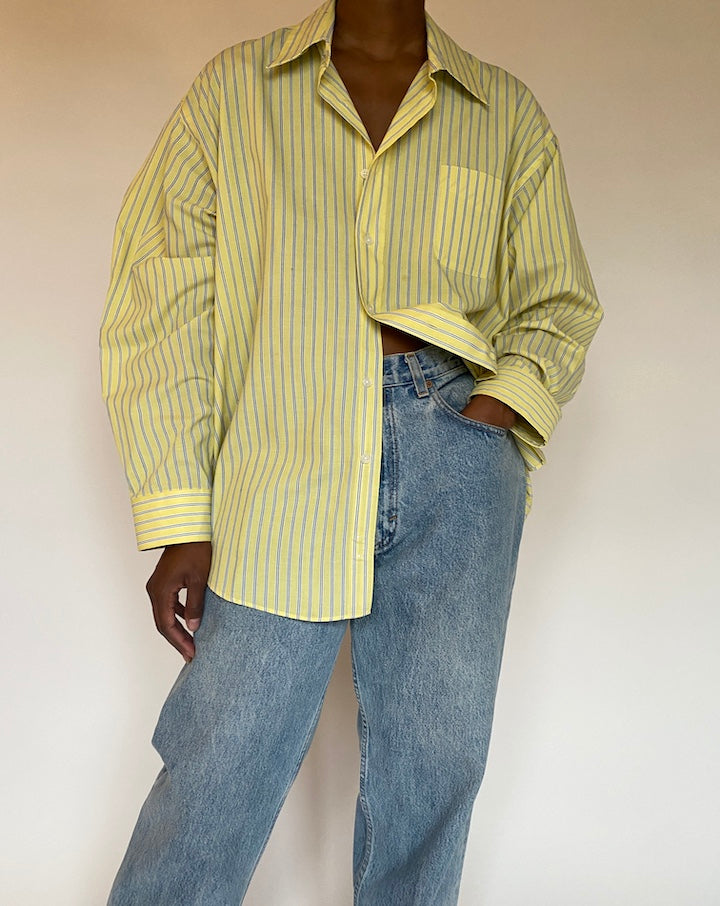 VINTAGE OVERSIZED YELLOW AND BLUE PINSTRIPED SHIRT 4422