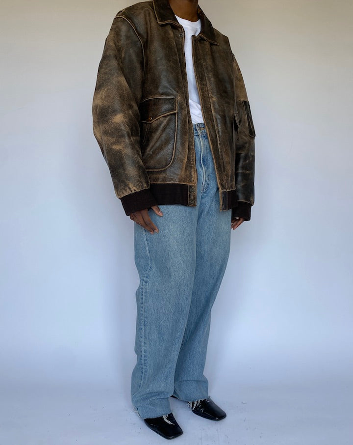 VINTAGE BROWN OVERSIZED BOMBER LIKE LEATHER JACKET 4930