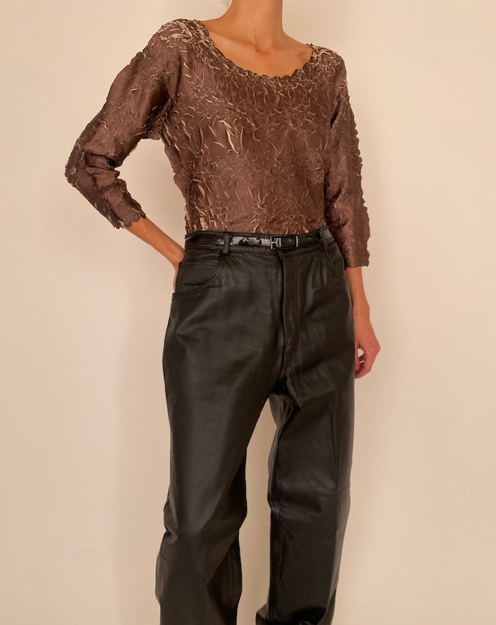 VINTAGE BROWN WRINKLE-EFFECT TOP 4352