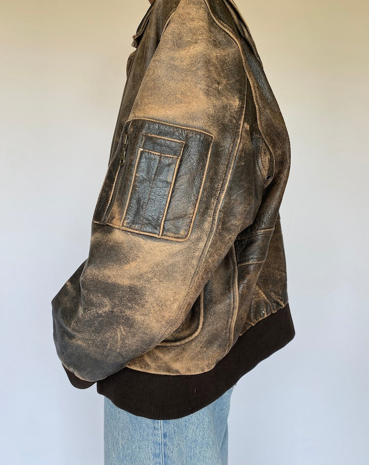 VINTAGE BROWN OVERSIZED BOMBER LIKE LEATHER JACKET 4930