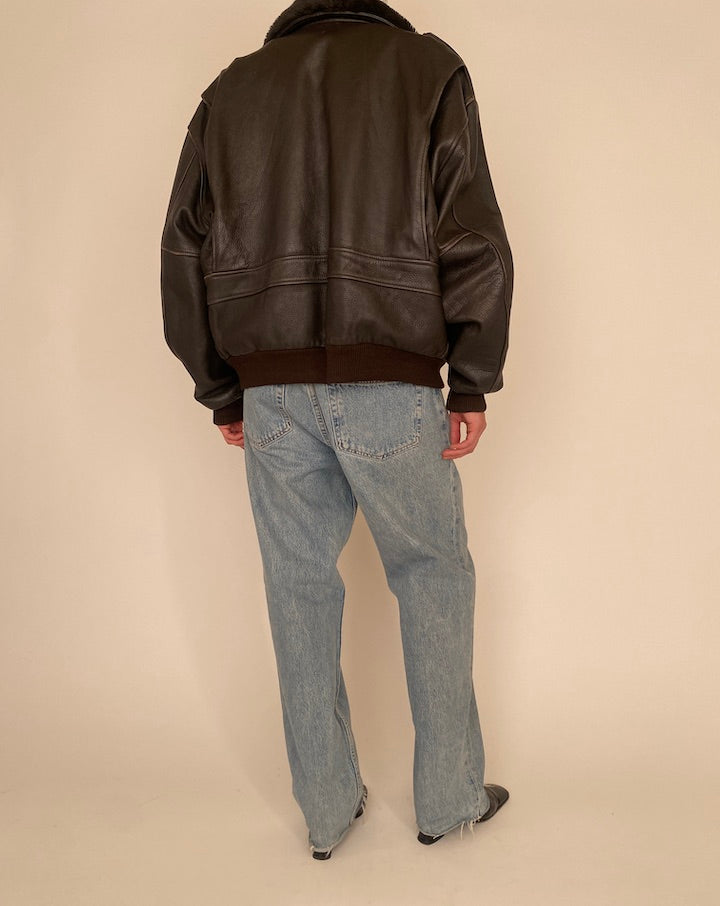 Vintage Dark Brown Leather Jacket with Collar 4921