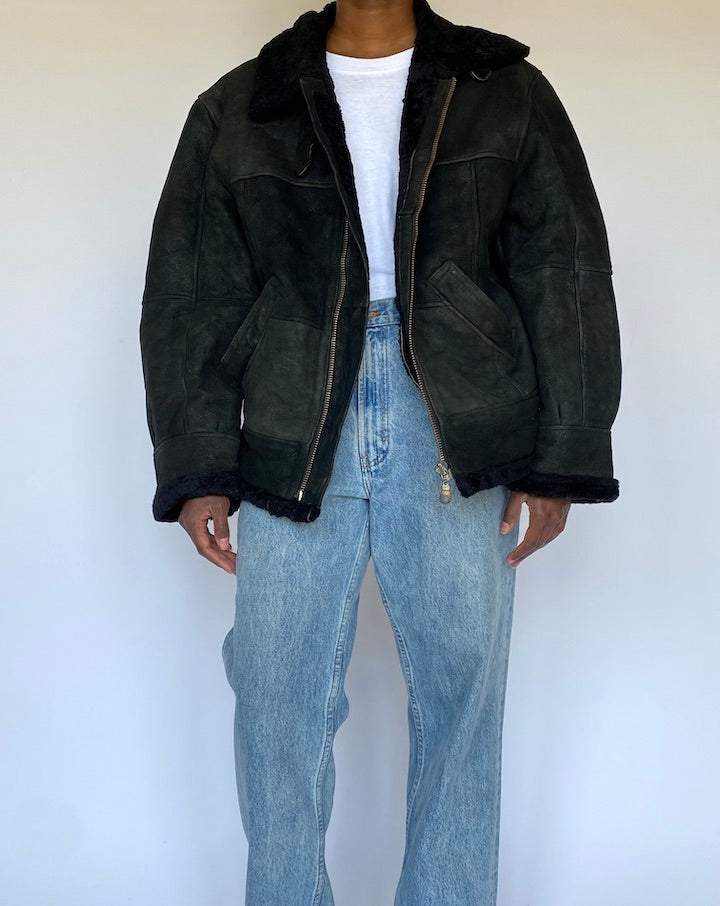 VINTAGE BLACK SHEARLING LEATHER JACKET 4990