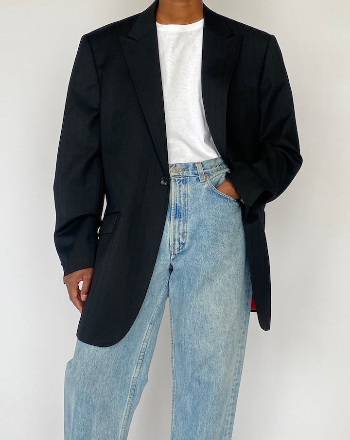 Vintage Oversized Black Pinstriped Wool Blazer 5157