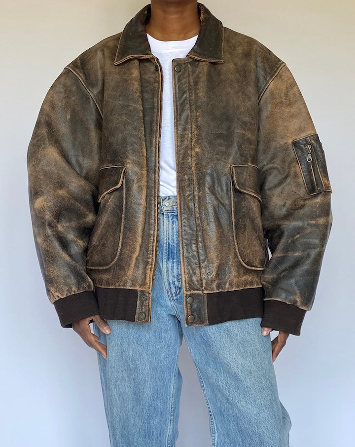 VINTAGE BROWN OVERSIZED BOMBER LIKE LEATHER JACKET 4930