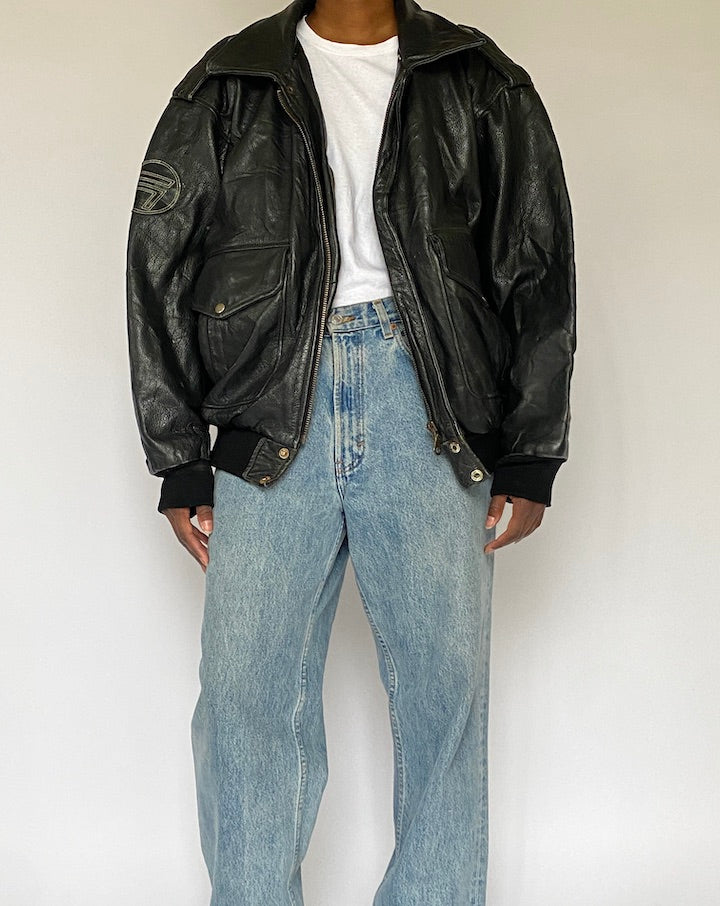 Vintage Black Bomber Leather Jacket 5018