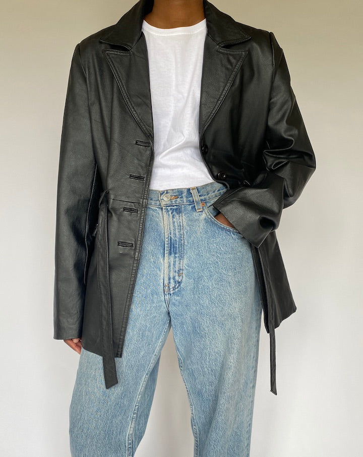 VINTAGE BLACK TRENCH LEATHER JACKET 4811