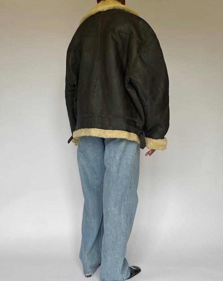 Vintage Oversized Brown Shearling Leather Jacket 4957
