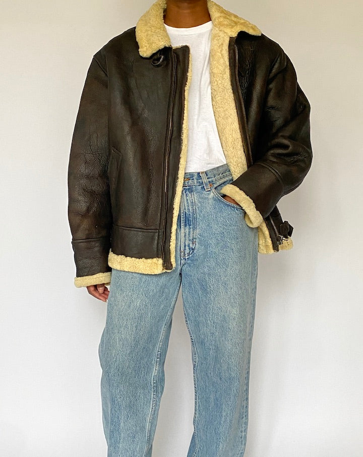 VINTAGE DARK BROWN SHEARLING LEATHER JACKET 5019