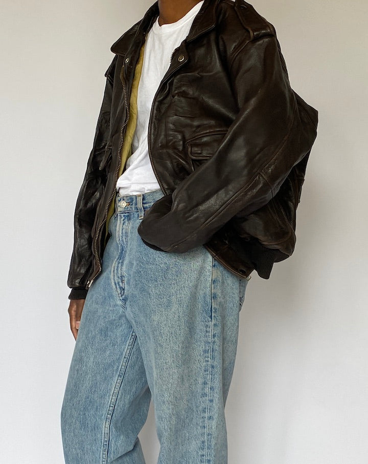 VINTAGE DARK BROWN BOMBER LIKE LEATHER JACKET 4920