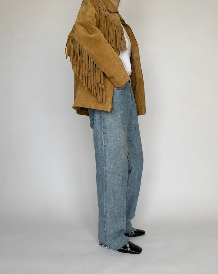 VINTAGE HONEY BROWN FRINGE SUEDE LEATHER JACKET 4785