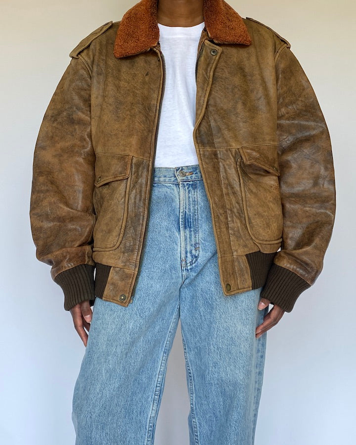 VINTAGE BROWN OVERSIZED BOMBER LIKE LEATHER JACKET 4998