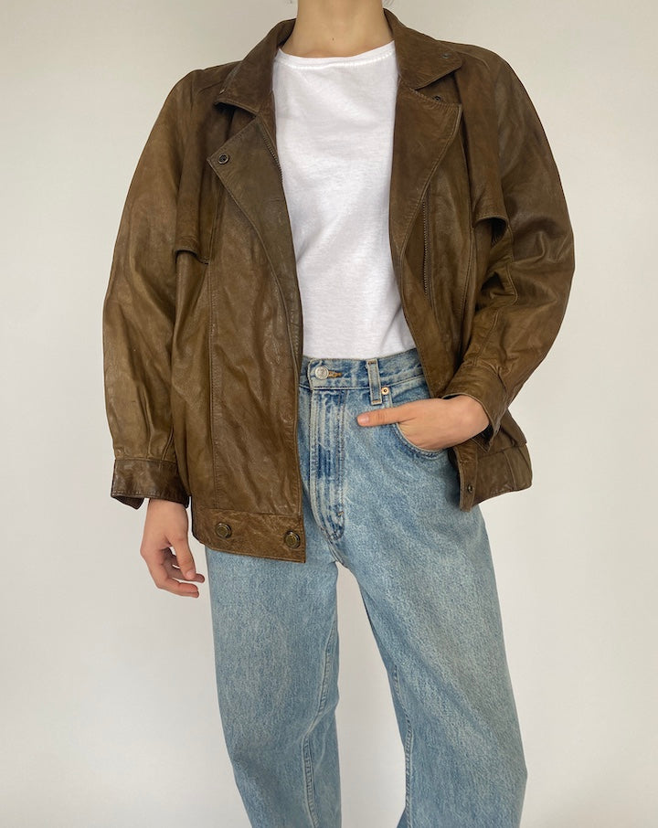 VINTAGE BOXY BROWN LEATHER JACKET 4681
