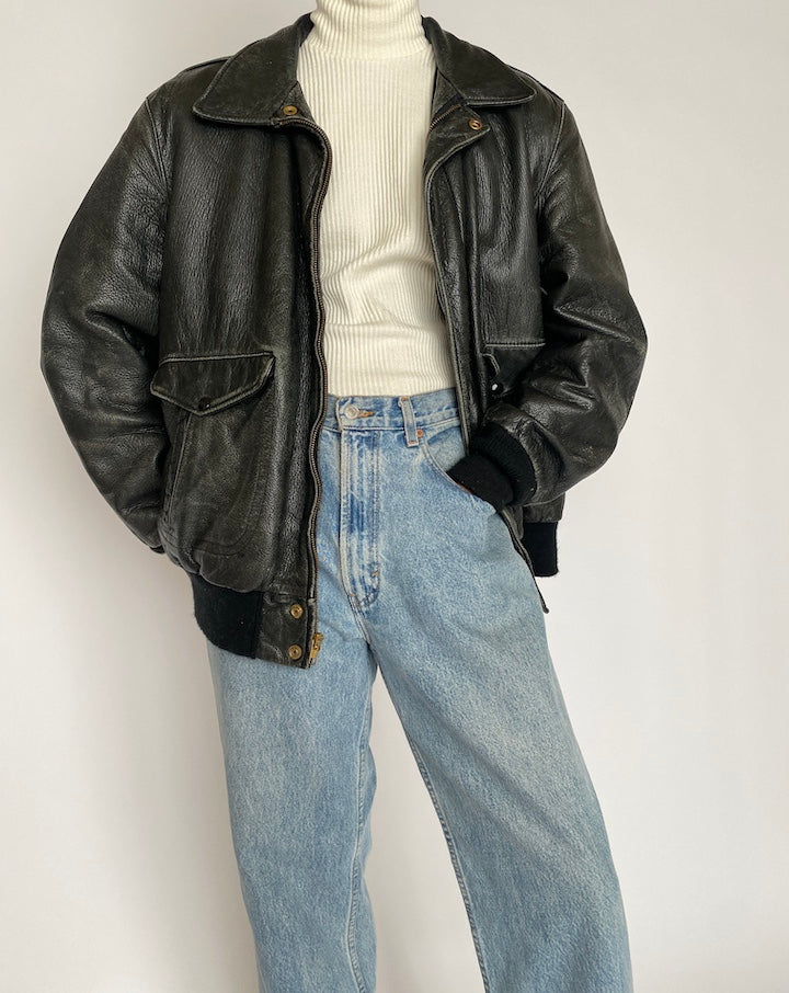 VINTAGE BLACK BOMBER LEATHER JACKET 4441