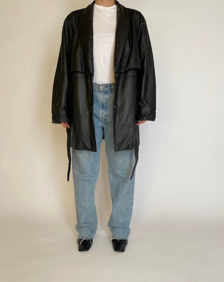 VINTAGE BLACK TRENCH LEATHER JACKET 4574