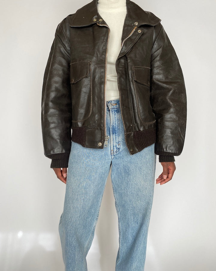 VINTAGE DARK BROWN BOMBER-LIKE LEATHER JACKET 4436